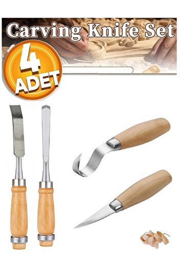 Depolife Ahşap Oyma Bıçak Alet Seti Kaşık Heykel Kuksa Oval Düz Oyma Yontma Bıçağı 4 Parçalı Set