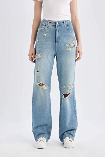 DeFacto 90S Wide Leg High Waist Wide Leg Ripped Detail Long Jean Pants C8608Ax24Hs