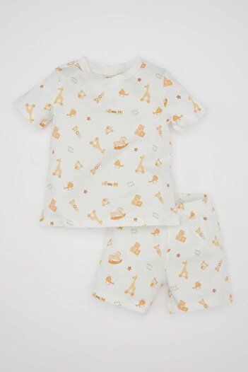 DeFacto Baby Boy Pajamas Set Safari Pattern Combed Cotton Short Sleeve Top Elastic Waist Shorts Bottom C5196A524Hs