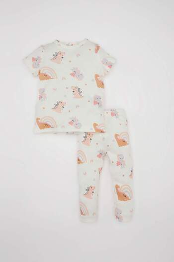 DeFacto Baby Girl Pajamas Set with Waffle Dinosaur Print - Short Sleeve, Top and Long Bottom C3474A524Sm