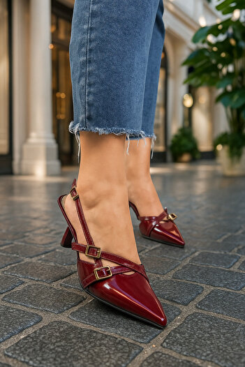 Nstil Daily Women's Burgundy Pointed Toe Adjustable Belt Open Back Classic Thin Heeled Shoes 922-64