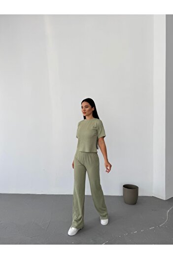 Bubble Women's Short Sleeve Top T-Shirt Elastic Waist Wide Leg Bottom Pants Two-Piece Set
