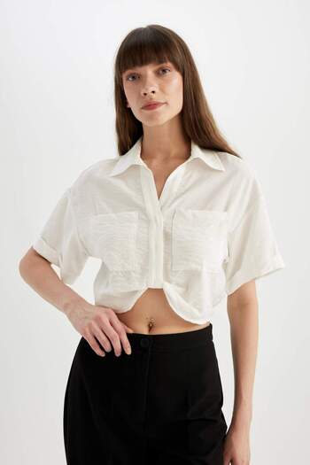 DeFacto Cropped Fit Shirt Collar Twill Short Sleeve Blouse C7799Ax24Sm