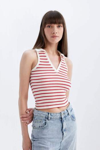 DeFacto Slim Fit Dar Kesim Çizgili Polo Yaka Fitilli Kaşkorse Atlet D1355AX24SM