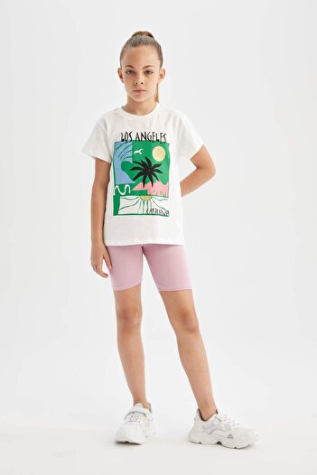 DeFacto Dziewczęcy T-shirt z nadrukiem i krótkim rękawem – okrągły dekolt D0868A824HS