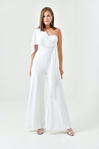 Viskosa White Shoulder Tie Chiffon Jumpsuit Evening Dress