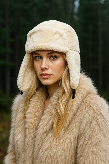 BAHELS Beige Plush Eared Clip Beanie Pilot Hat