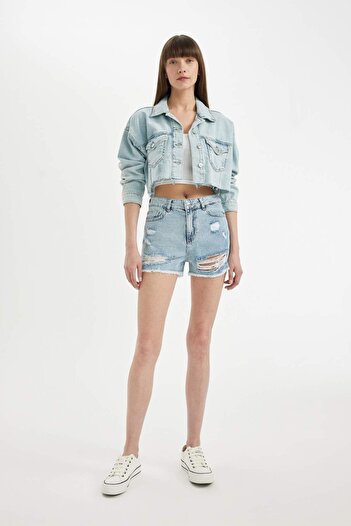 DeFacto Pantaloni scurți de jeans cu talie înaltă ruptă C0645AX24SM