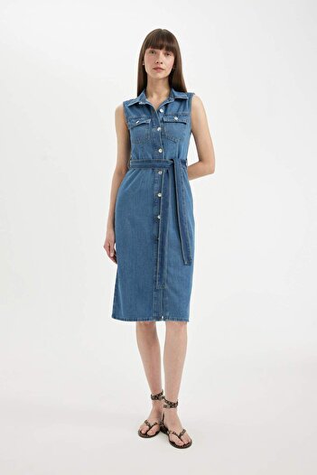 DeFacto Rochie Midi Jean cu centură, fără mâneci, cu guler de cămașă B5432AX24SM
