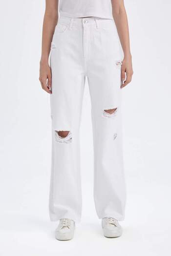 DeFacto 90S Wide Leg High Waist Wide Leg Long Ripped Detail White Jean Pants C8610Ax24Hs