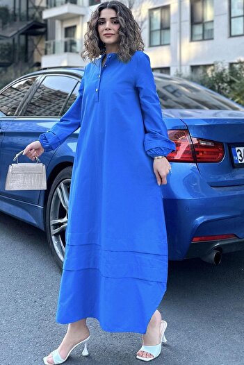 NEW LAVİVA Rochie lungă din țesătură stratificată cu gât înalt și cu mânecă balon - Detaliu lejer și cu cusături