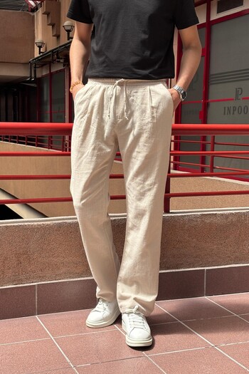 inpool Male, Elastic Waist, Wide Cut, Linen Webbing, Cotton, Pleated Pants 302