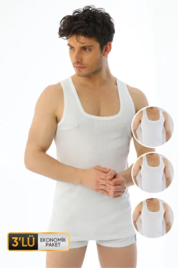 Çift Kaplan Men's White 3-Piece Rib Tank Top 775