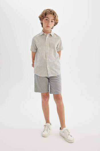 DeFacto Boy's Polo Collar Linen Blend Striped Short Sleeve Shirt C2607A824Hs