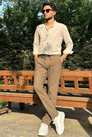 inpool Men's Diagonel Fabric Elastic Waist Regular Fit Trousers - Old Money Culture, Double Leg 24Inp291