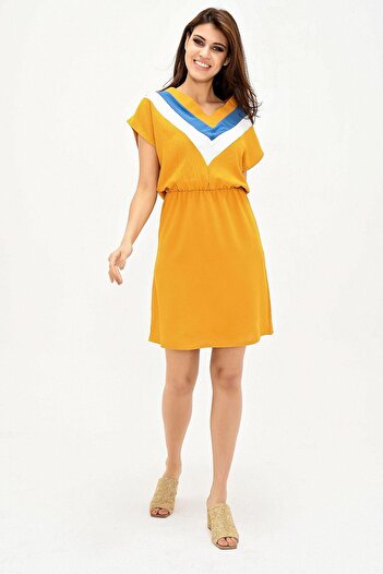 NEW LAVİVA Women's Mustard V-neck Blocky Short Sleeve Laptop Aerobin Dress Short Sleeve Waist Rubber Detailed Dress