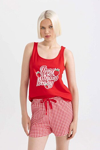 DeFacto Fall in Love Pijama Takımı Baskılı Atlet Kareli Beli Bağcıklı Şort C7969AX24HS