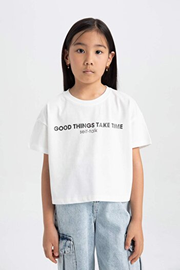 DeFacto Girls' Crew Neck Printed Short Sleeve T-Shirt C4608A824Sm