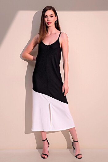 NEW LAVİVA Women's Black & White Comfortable Asymmetrical Block Slit Strap Long Dress