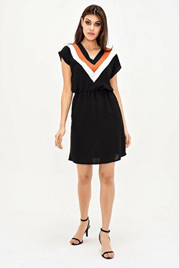 NEW LAVİVA Women's Black V-Neck Blocky Short Sleeve Laptop Aerobin Dress Short Sleeve Waist Rubber Detailed Dress