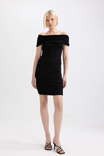 DeFacto Μίνι φόρεμα με μακρυμάνικο καμίζι Bodycon Off-Shoulder με ραβδώσεις D1171AX24SM