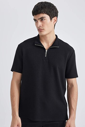DeFacto Regular Fit Stand Collar Modal Blend Half Zip Heavy Fabric Short Sleeve T-Shirt B6502Ax24Sp