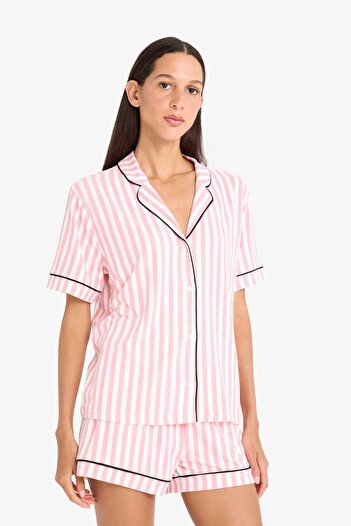 DeFacto Pijama Takımı Bridal Çizgili Kısa Kollu Şortlu Viskon-Fall in Love B8720AX24SM