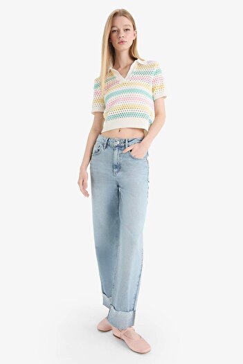DeFacto Coool Polo Collar Colorful Crochet Short Sleeve Knitwear T-Shirt C6889Ax24Sp