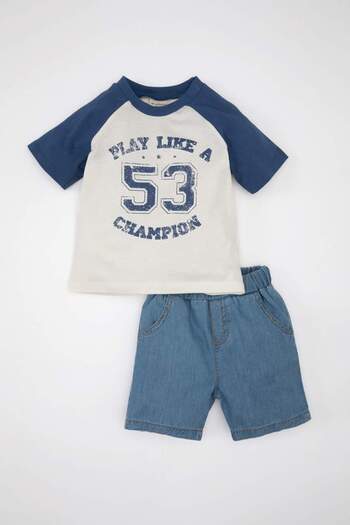 DeFacto Baby Boy 2 Piece Set Printed Short Sleeve T-Shirt Top Jean Shorts C5620A524Sm