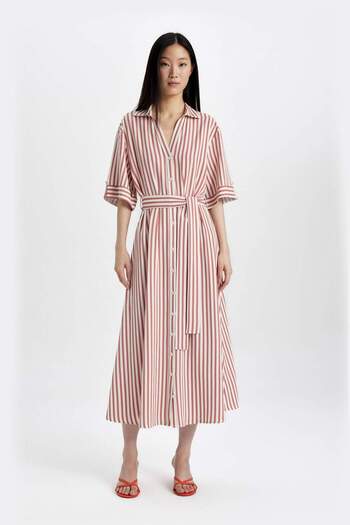 DeFacto Shirt Collar Striped Belted Linen Short Sleeve Midi Dress C8638AX24SM