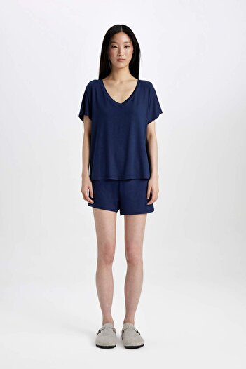 DeFacto V-Neck Short Sleeve Pajamas Set - Top Elastic Waist Shorts Bottom B8678Ax24Sm