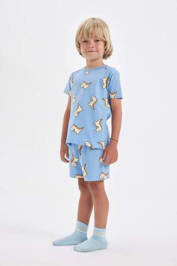 DeFacto Baby Boy Pajama Set - Dinosaur Print, Combed Cotton Short Sleeve Top Shorts C1997A524Hs