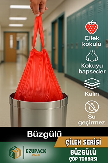 Ezupack 40 Lt ( 25 PAKET ) Avantaj Paket Orta Boy Çilek Kokulu Büzgülü Çöp Poşeti Çöp Torbası 250 Adet