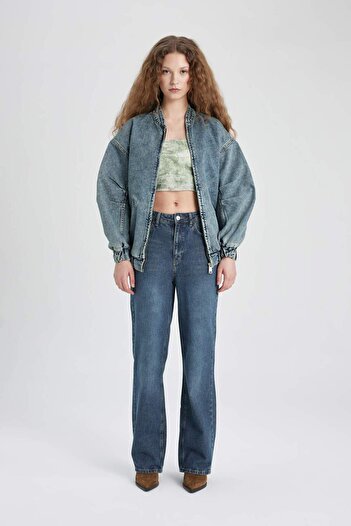 DeFacto Oversize Wide Fit Jean Bomber Jacket College Collar Zipper Double Pocket C1508Ax24Sm