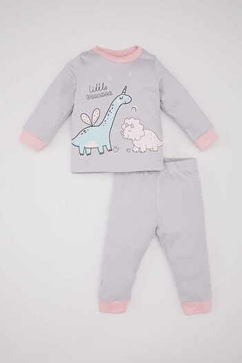 DeFacto Baby Girls Pajamas Set Dinosaur Printed Long Sleeve Top with Elastic Waist Long Bottom B9243A524Sp
