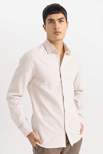 DeFacto Slim Fit Slim Fit Polo Collar Honeycomb με υφή μακρυμάνικο πουκάμισο B6476AX24SP