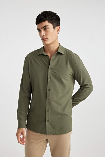 DeFacto Modern Fit Polo Yaka Basic Düz Krinkıl Uzun Kollu Gömlek B7384AX24SP