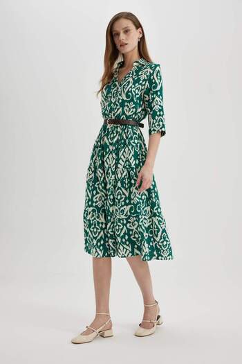 DeFacto Shirt Collar Belt Pattern Half Sleeve Midi Dress Z8005Az24Sp