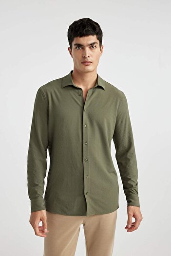 DeFacto Modern Fit Polo Yaka Basic Düz Krinkıl Uzun Kollu Gömlek B7384AX24SP