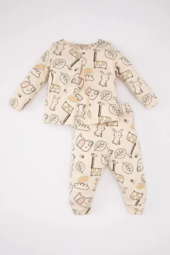 DeFacto Baby Girls Pajamas Set Patterned Long Sleeve Top with Elastic Waist Long Bottom B9238A524Sp
