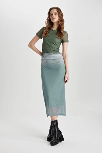 DeFacto Bodycon Crew Neck Gradient Short Sleeve Midi Tulle Dress C5926Ax24Sp