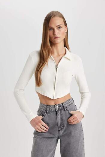DeFacto Fitted Polo Neck Ribbed Camisole Crop Zipper Cardigan C4578Ax24Sm
