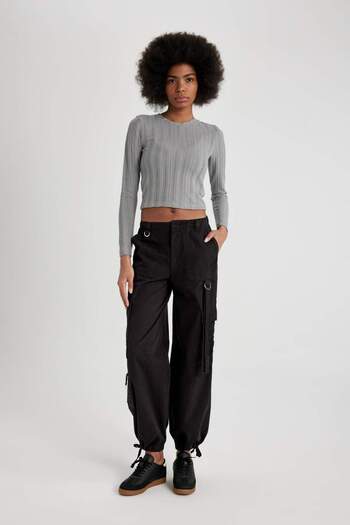 DeFacto Parachute Gabardine Pants Cargo Pocket High Waist Standard Size C1657Ax24Sp