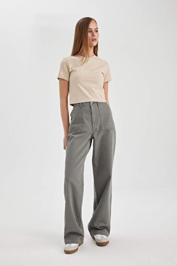 DeFacto Gabardine Trousers Wide Leg Wide Loose Leg Basic Plain with Pockets Standard Size Regular Waist C1735Ax24Sp