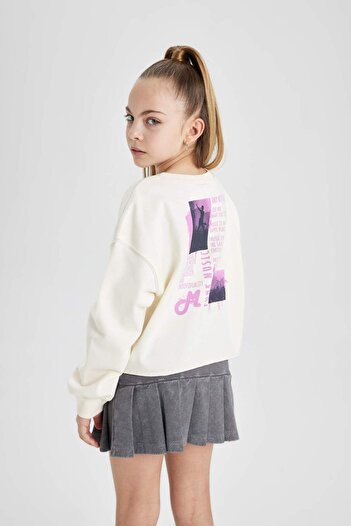 DeFacto Girl's Crop Back Printed Crew Neck Sweatshirt C1037a824sp