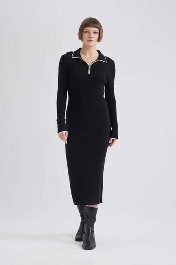 DeFacto Reguläre Passform, Polokragen, halber Reißverschluss, Basic, einfarbig, langärmelig, Maxi-Strickkleid C1493AX24SP