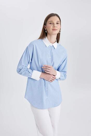 DeFacto Ποπλίνα ριγέ Relax Fit Μακρυμάνικο πουκάμισο Tunic - C4099AX24SP
