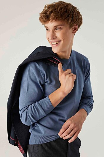 D'S Damat Ds Damat Regular Fit Темно-синій светр з бавовняного трикотажу з коміром-стійкою, що не кошлатиться