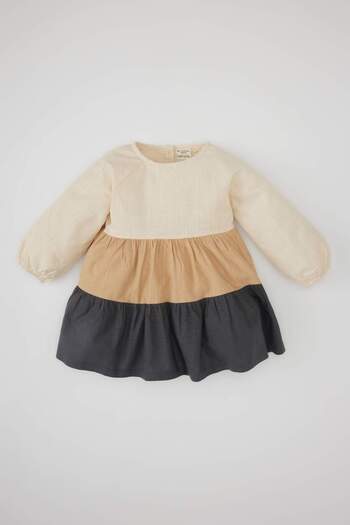 DeFacto Baby Girl Color Block Μακρυμάνικο Λινό Φόρεμα C0767A524SP