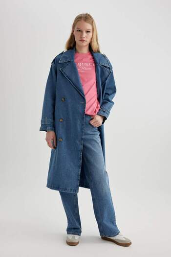 DeFacto Double Breasted Lapel Belt Pocket Long Jeans Trench Coat B8257Ax24Sp